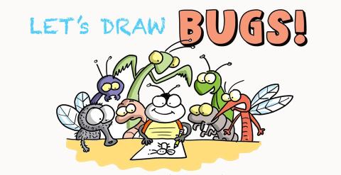 Friendly cartoon bugs gather around a table to learn how to draw