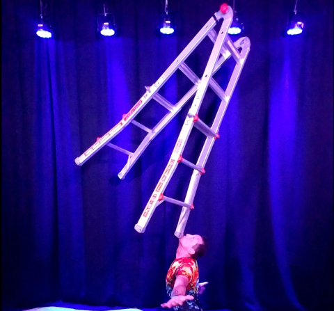 A performer balances a ladder on his chin.