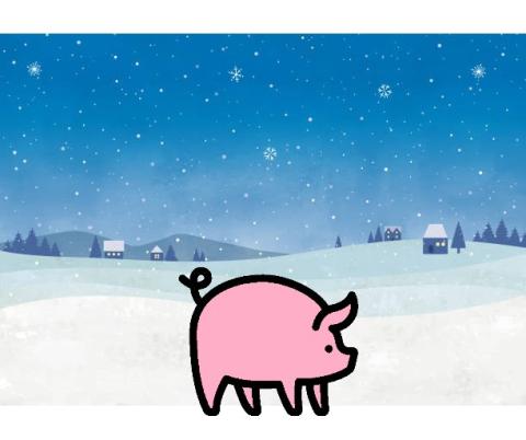 A doodle of a pink pig on a winter landscape.