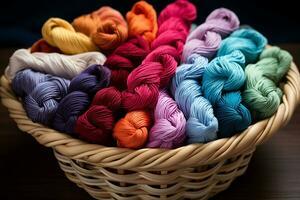 Colored Skeins of yarn in basket.