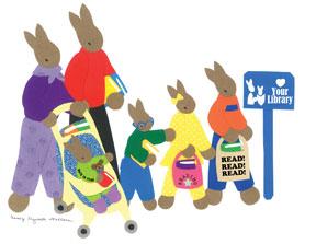 A cartoon rabbit family walks to the library.