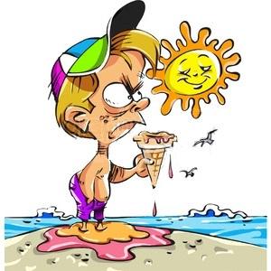 A cartoon boy scowls at the sun as it melts his ice cream cone.