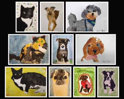 A collage of watercolor paintings of pets.