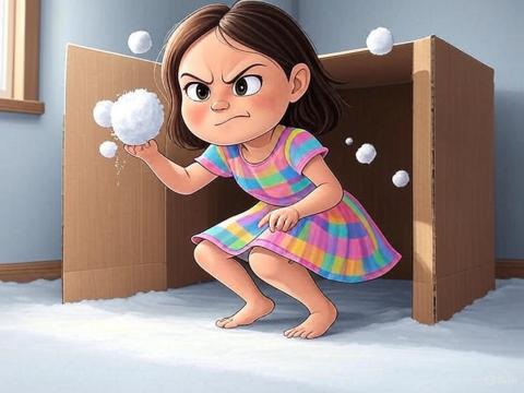 A girl crouches in a cardboard fort to avoid incoming snowballs.