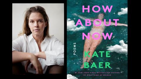 Poet Kate Baer with cover of What About Now
