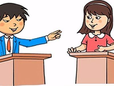 Two kids at podiums debate.