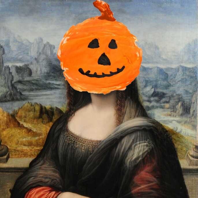 A child has painted a watercolor jack-o-lantern over the Mona Lisa's face.