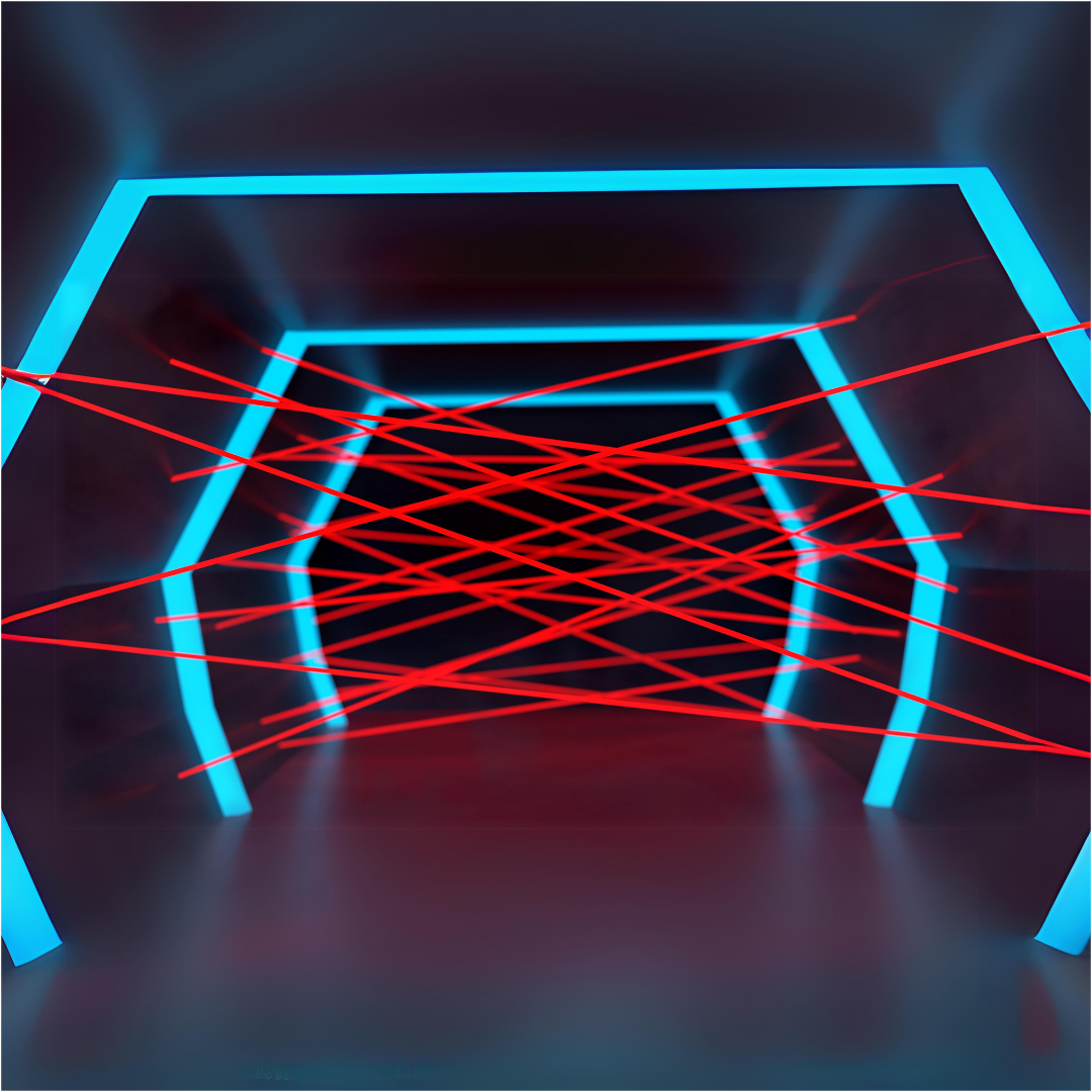 A laser maze made of red yarn.