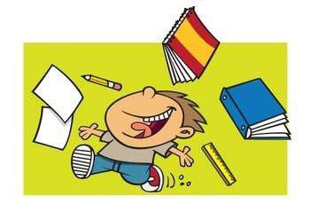 An excited child thrown its schoolbooks into the air.