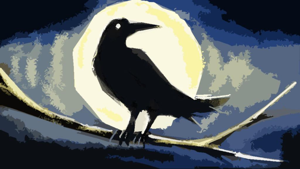 A raven on a branch under a full moon.